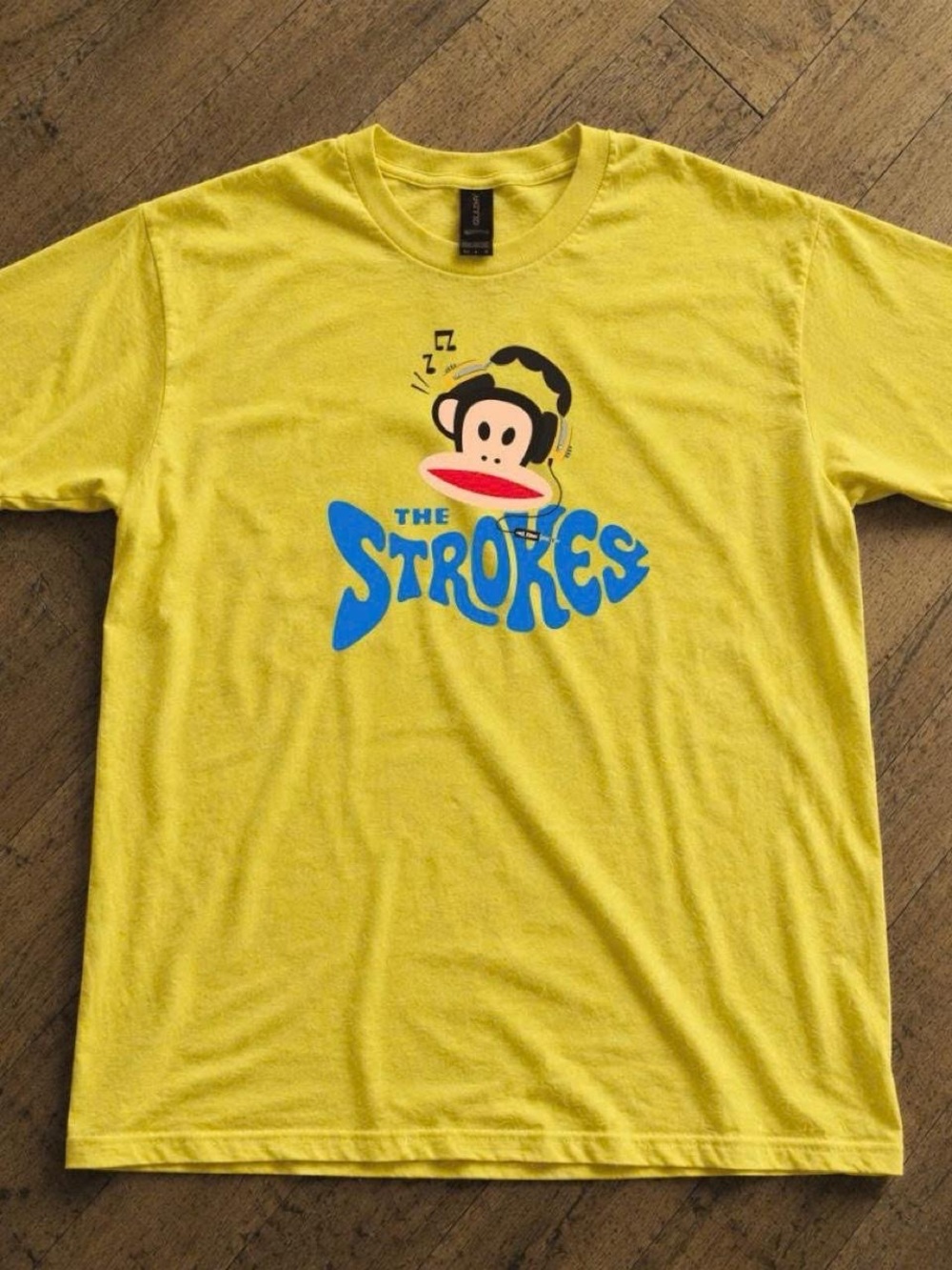 Gildan Yellow Tee with Blue 'The Strokes' Logo and Monkey Graphic